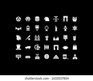 Collection simple icons of usa on a black background. Modern white signs for websites, mobile apps, and concepts