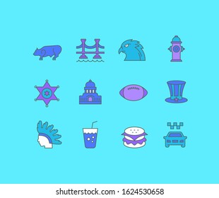Collection simple icons of usa on a blue background. Modern color signs for websites, mobile apps, and concepts