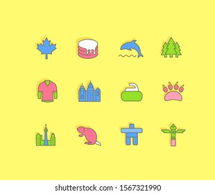 Collection simple icons of vancouver on a yellow background. Modern color signs for websites, mobile apps, and concepts