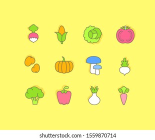 Collection simple icons of vegetables on a yellow background. Modern color signs for websites, mobile apps, and concepts
