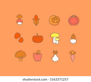 Collection simple icons of vegetables on an orange background. Modern color signs for websites, mobile apps, and concepts