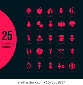 Collection simple icons of vegetables on a black background. Modern red signs for websites, mobile apps, and concepts