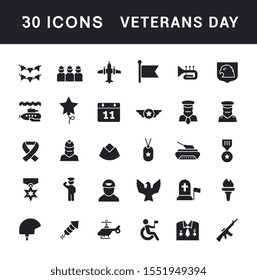 Collection simple icons of veterans day on a white background. Modern black and white signs for websites, mobile apps, and concepts