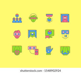 Collection simple icons of virtual reality on a yellow background. Modern color signs for websites, mobile apps, and concepts