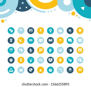 Collection simple icons of virtual reality on color circles. Modern white signs for websites, mobile apps, and concepts