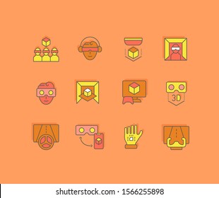 Collection simple icons of virtual reality on an orange background. Modern color signs for websites, mobile apps, and concepts