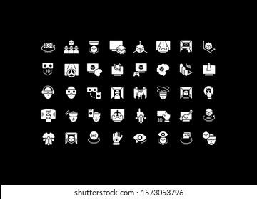 Collection simple icons of virtual reality on a black background. Modern white signs for websites, mobile apps, and concepts