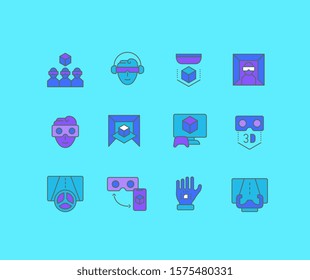 Collection simple icons of virtual reality on a blue background. Modern color signs for websites, mobile apps, and concepts