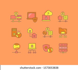 Collection simple icons of vpn on an orange background. Modern color signs for websites, mobile apps, and concepts