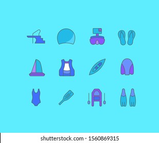 Collection simple icons of water sport on a blue background. Modern color signs for websites, mobile apps, and concepts