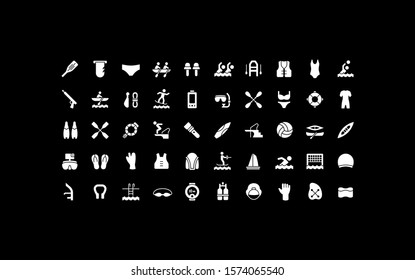 Collection simple icons of water sport on a black background. Modern white signs for websites, mobile apps, and concepts