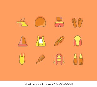 Collection simple icons of water sport on an orange background. Modern color signs for websites, mobile apps, and concepts
