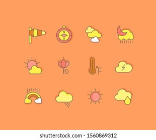 Collection simple icons of weather on an orange background. Modern color signs for websites, mobile apps, and concepts