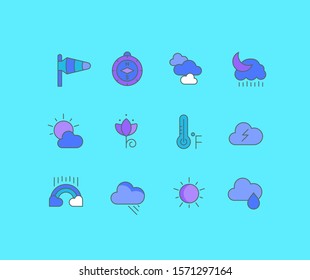 Collection simple icons of weather on a blue background. Modern color signs for websites, mobile apps, and concepts