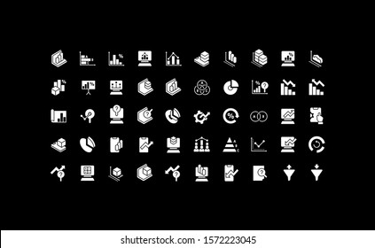 Collection simple icons of web analytics on a black background. Modern white signs for websites, mobile apps, and concepts