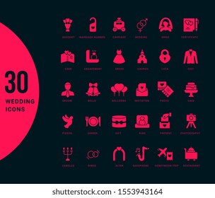 Collection simple icons of wedding on a black background. Modern red signs for websites, mobile apps, and concepts