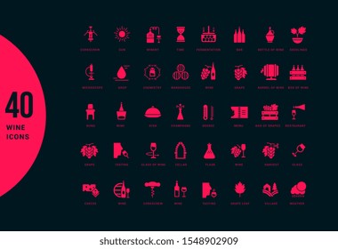 Collection simple icons of wine on a black background. Modern red signs for websites, mobile apps, and concepts