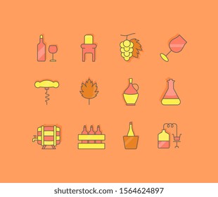 Collection simple icons of wine on an orange background. Modern color signs for websites, mobile apps, and concepts