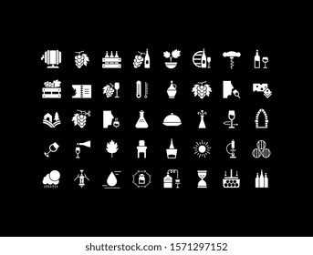 Collection simple icons of wine on a black background. Modern white signs for websites, mobile apps, and concepts