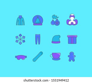 Collection simple icons of winter on a blue background. Modern color signs for websites, mobile apps, and concepts