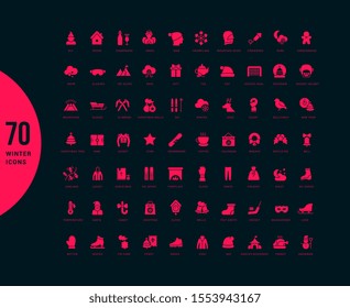 Collection simple icons of winter on a black background. Modern red signs for websites, mobile apps, and concepts