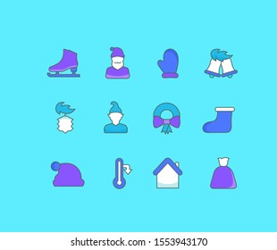 Collection simple icons of winter, on a blue background. Modern color signs for websites, mobile apps, and concepts