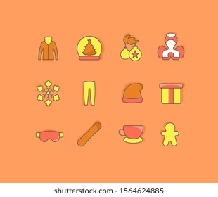 Collection simple icons of winter on an orange background. Modern color signs for websites, mobile apps, and concepts