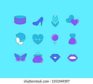 Collection simple icons of women's day on a blue background. Modern color signs for websites, mobile apps, and concepts