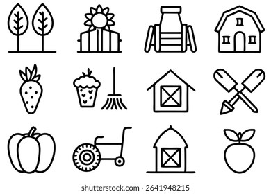 Collection of simple illustrated farming icons depicting barns vegetables and agricultural elements