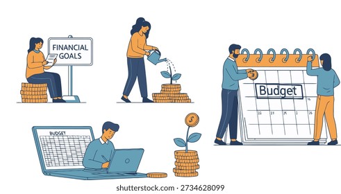 A collection of simple illustrations showing people managing finances, watering money plants, and marking budgets on a calendar.