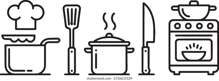 Colección de utensilios de cocina y utensilios de cocina simples, incluyendo ollas, sartenes, estufa y sombrero de chef en un estilo gráfico lineal moderno.
