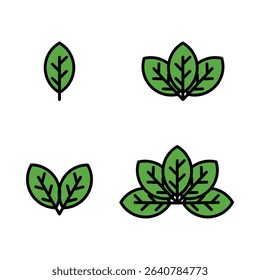 A collection of simple leaf icons in various arrangements on a white background. Perfect for eco-themed design, natural product branding, organic packaging