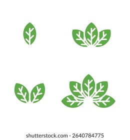 A collection of simple leaf icons in various arrangements on a white background. Perfect for eco-themed design, natural product branding, organic packaging