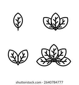 A collection of simple leaf icons in various arrangements on a white background. Perfect for eco-themed design, natural product branding, organic packaging