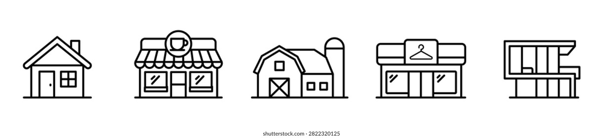 Collection of simple line art building icons representing various types of structures, including a home, cafe, barn, boutique, and modern house design.