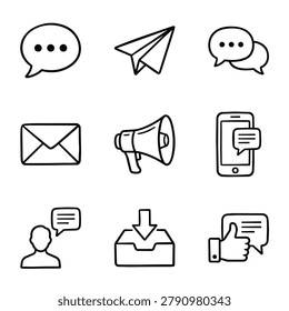 Collection of simple line art communication icons including speech bubbles email paper airplane megaphone and smartphone