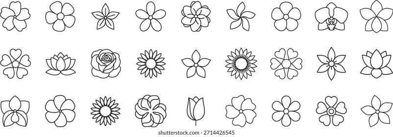 Collection of Simple Line Art Flower Icons for Decoration and Design Elements