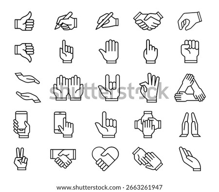 Collection of Simple Line Art Hand Gestures: Thumbs Up, Down,  Handshake, Pointing, and More.