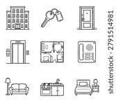 A collection of simple line art icons depicting elements of a home or apartment, including a building, key, door, elevator, floor plan, intercom, sofa, kitchen, and bedroom.