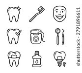 A collection of simple line art icons representing dental care and hygiene products and procedures.