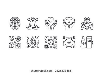 Collection of Simple Line Art Icons Representing Wellness and Mindfulness