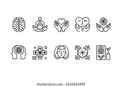 Collection of Simple Line Art Icons Representing Wellness and Mindfulness