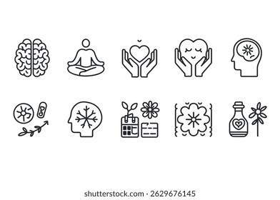 Collection of Simple Line Art Icons Representing Wellness and Mindfulness