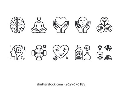 Collection of Simple Line Art Icons Representing Wellness and Mindfulness