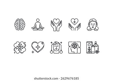 Collection of Simple Line Art Icons Representing Wellness and Mindfulness