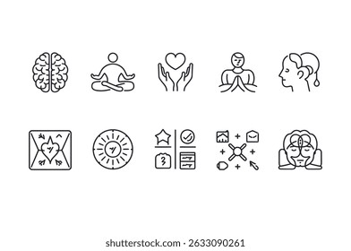 Collection of Simple Line Art Icons Representing Wellness and Mindfulness
