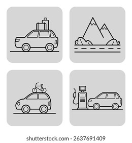 Collection of simple line art icons representing travel activities. Car with luggage, scenic mountain view, car with bike, and gas station