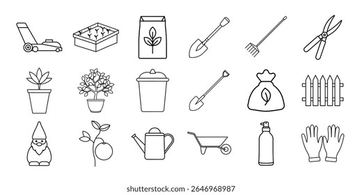 A collection of simple line art icons representing gardening tools and elements. The set includes a lawnmower, seedling tray, seed bag, shovel, rake, pruning shears, potted plants, trash can, fence, g