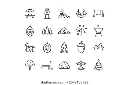 Collection of simple line art icons depicting various outdoor and park-related items.