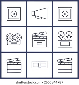 Colección de iconos de arte lineal simple que representan la producción de películas y videos